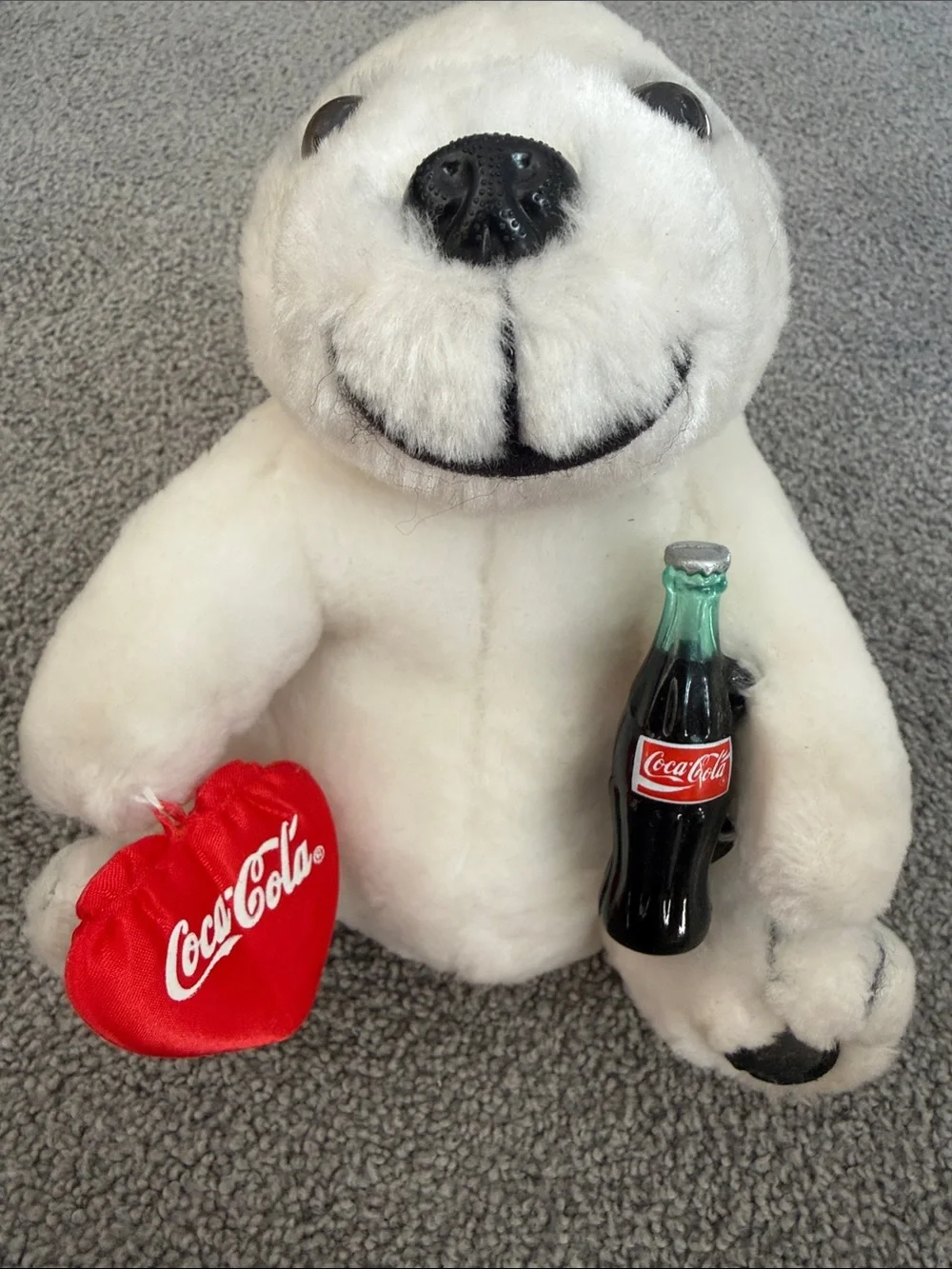 Vintage ‘93 Coca Cola White Polar Bear Plush w/Red Heart & Mini Bottle. 8”x7”x5”